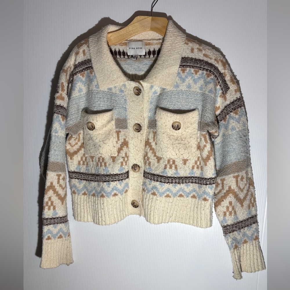 Tribal Patterned Cream and Blue Sweater